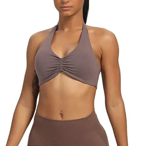 Aoxjox Women's Workout Sports Bras Fitness Backless Padded Taylor Scrunch Halter Bra Yoga Crop Tank Top (Plum Truffle, Large)