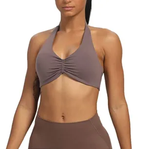 Aoxjox Women's Workout Sports Bras Fitness Backless Padded Taylor Scrunch Halter Bra Yoga Crop Tank Top (Plum Truffle, Large)
