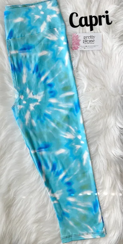 Aqua Blue Tie Dye Capri Super SOFT Leggings OS TC Plus rts Capris