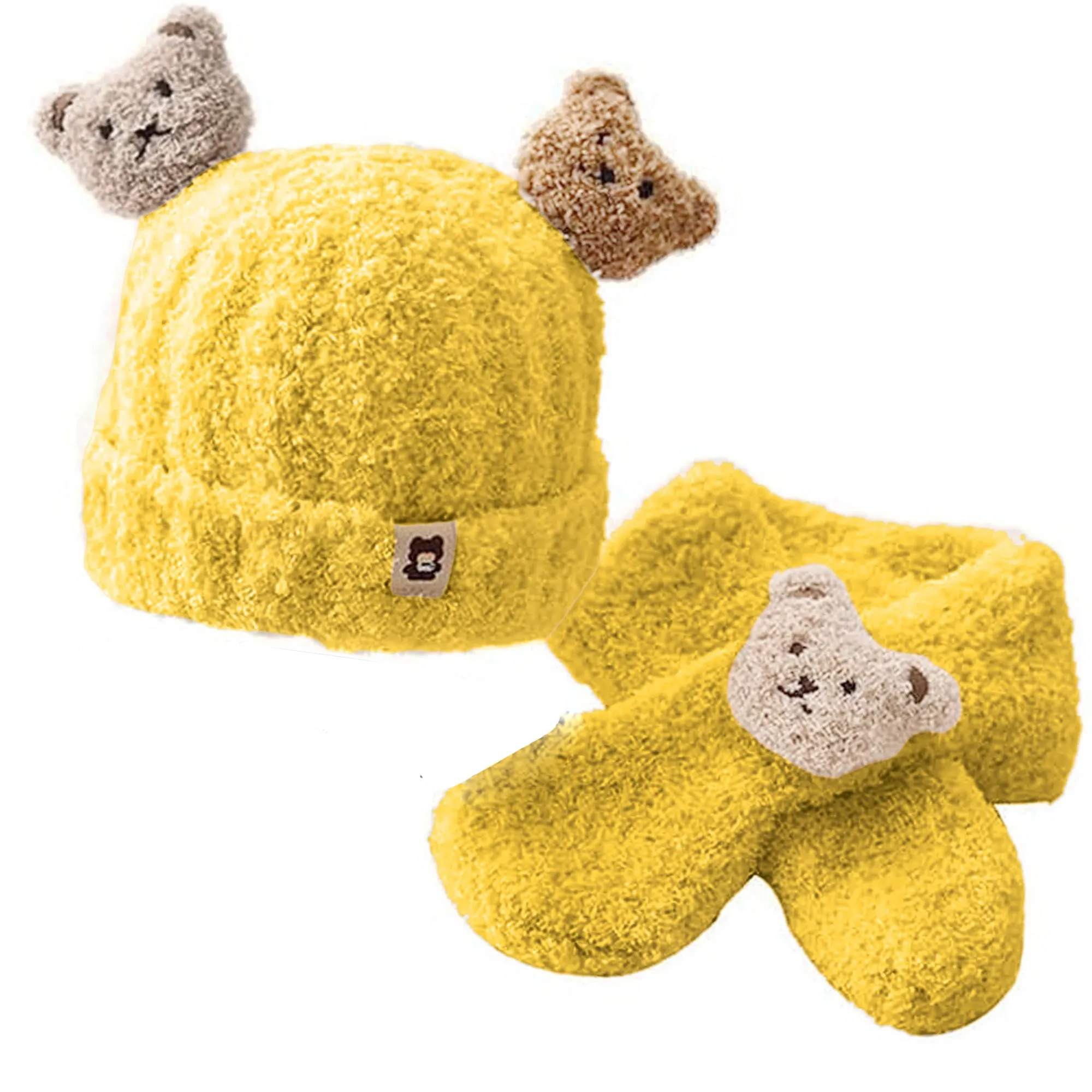 Babymoon Winter Bear Fleece Soft Baby Cap Hat with Scarf Boy’s Girls Kids Cap Hat Headwear | Yellow | 0-3 Yr