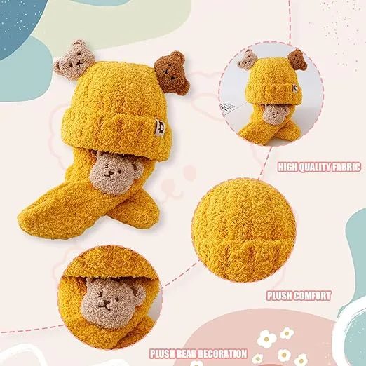 Babymoon Winter Bear Fleece Soft Baby Cap Hat with Scarf Boy’s Girls Kids Cap Hat Headwear | Yellow | 0-3 Yr