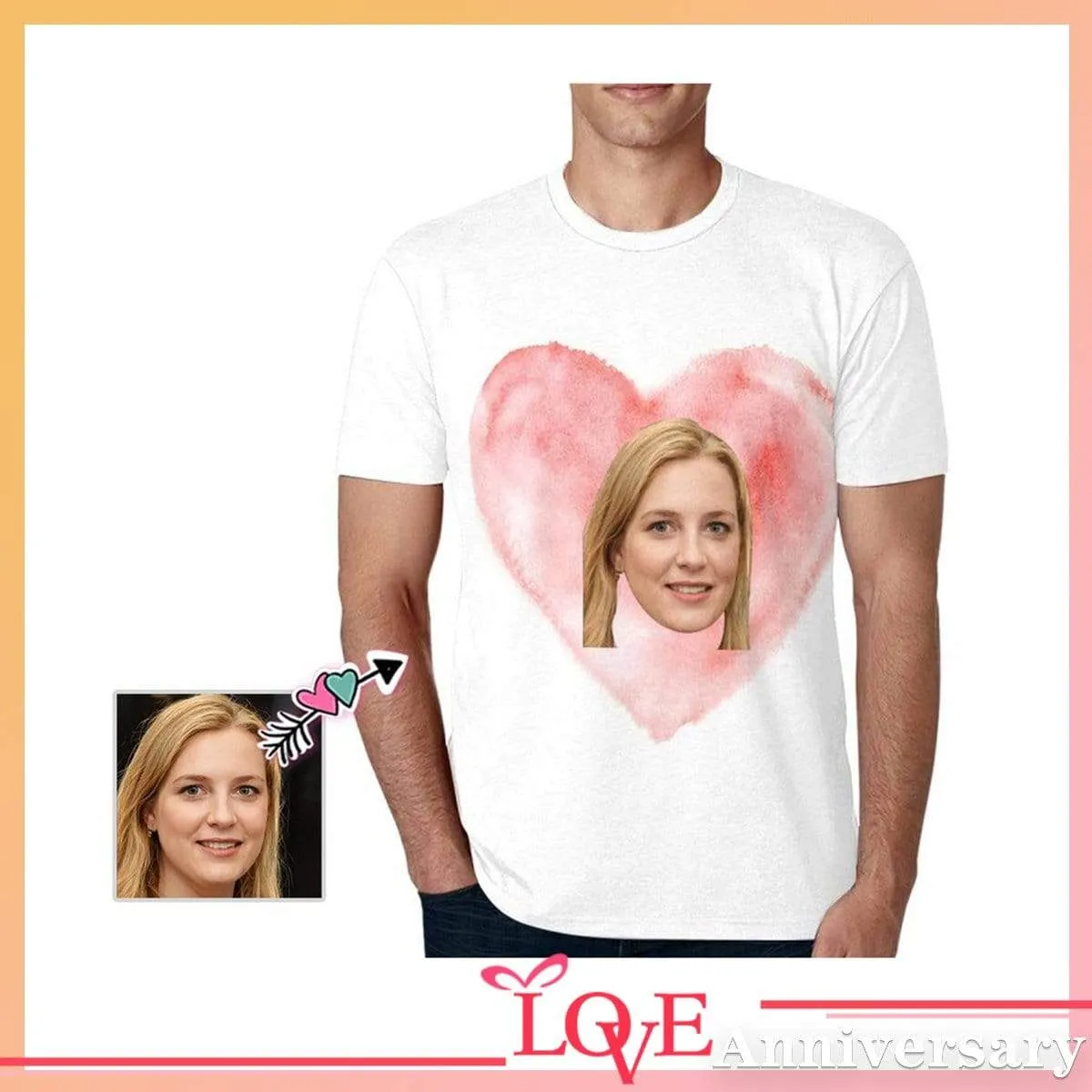 Custom Face on Shirt Pink Love Heart Classic Design Men's All Over Print T-shirt with My Face for Him