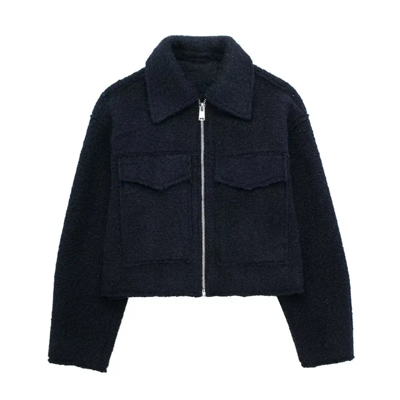 Fashionkova 2024 Autumn Woman Casual Gray Loose Woolen Jacket Female Fashion Solid Turn Down Collar Jackets Girls Warm Zipper Outwear