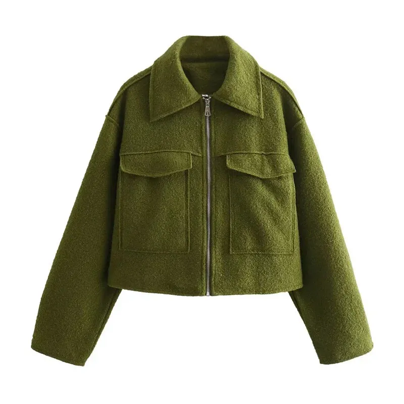 Fashionkova 2024 Autumn Woman Casual Gray Loose Woolen Jacket Female Fashion Solid Turn Down Collar Jackets Girls Warm Zipper Outwear