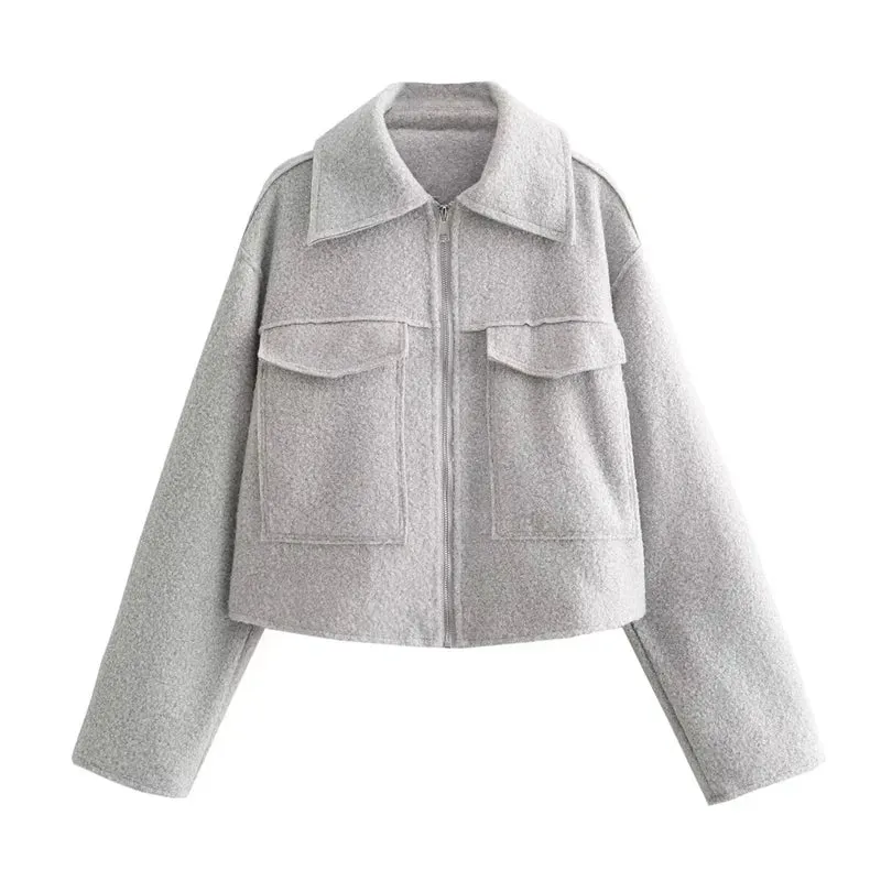 Fashionkova 2024 Autumn Woman Casual Gray Loose Woolen Jacket Female Fashion Solid Turn Down Collar Jackets Girls Warm Zipper Outwear