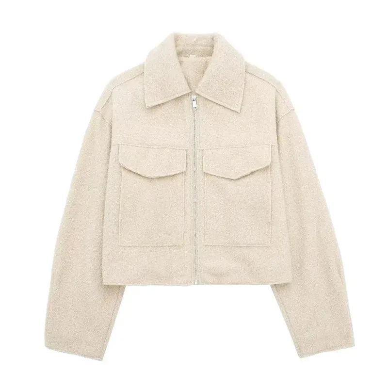 Fashionkova 2024 Autumn Woman Casual Gray Loose Woolen Jacket Female Fashion Solid Turn Down Collar Jackets Girls Warm Zipper Outwear