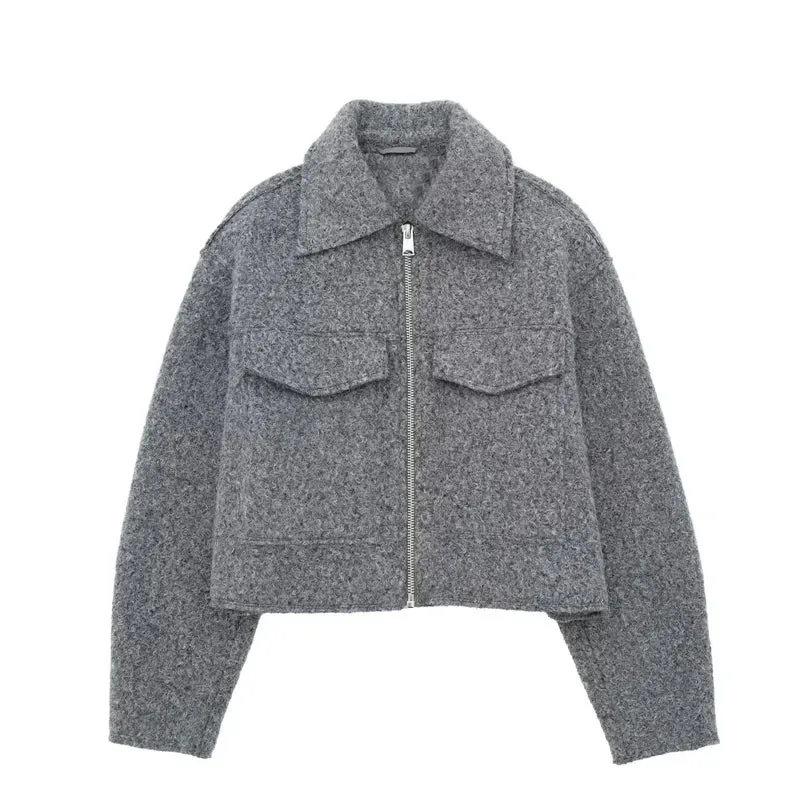 Fashionkova 2024 Autumn Woman Casual Gray Loose Woolen Jacket Female Fashion Solid Turn Down Collar Jackets Girls Warm Zipper Outwear