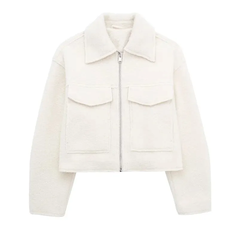 Fashionkova 2024 Autumn Woman Casual Gray Loose Woolen Jacket Female Fashion Solid Turn Down Collar Jackets Girls Warm Zipper Outwear