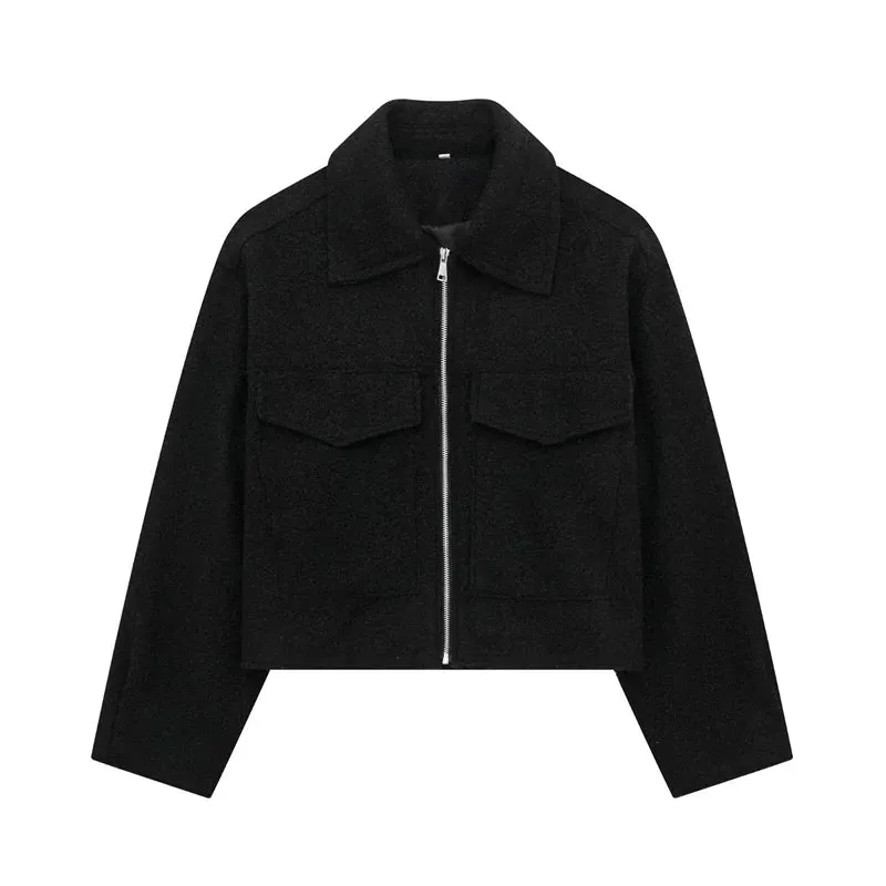 Fashionkova 2024 Autumn Woman Casual Gray Loose Woolen Jacket Female Fashion Solid Turn Down Collar Jackets Girls Warm Zipper Outwear