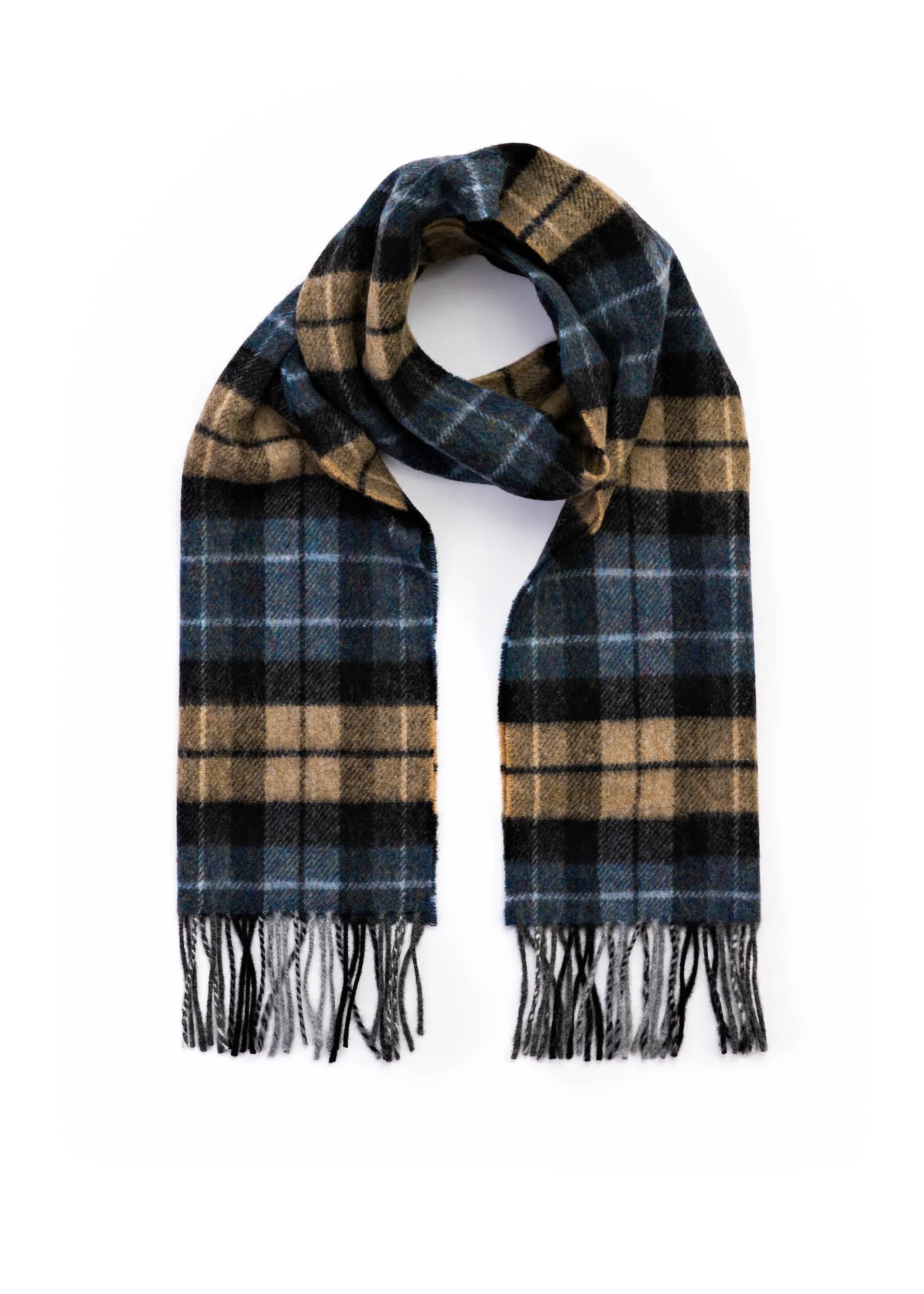John Hanly Lambswool Scarf | Blue Beige Charcoal Plaid