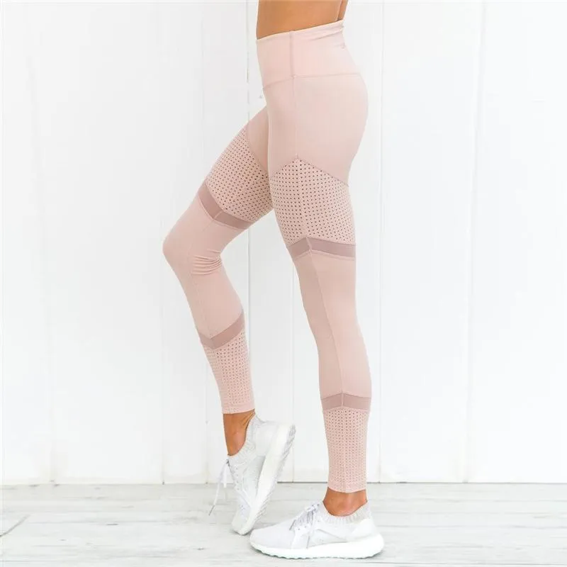 Mesh Patchwork Women Mid Waist Elastic Yoga Sports Legging Pants