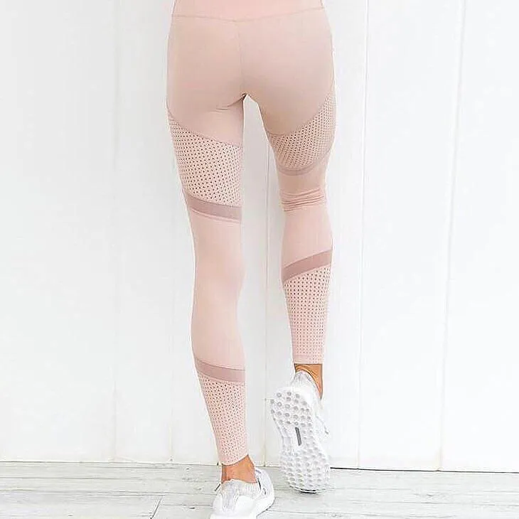Mesh Patchwork Women Mid Waist Elastic Yoga Sports Legging Pants