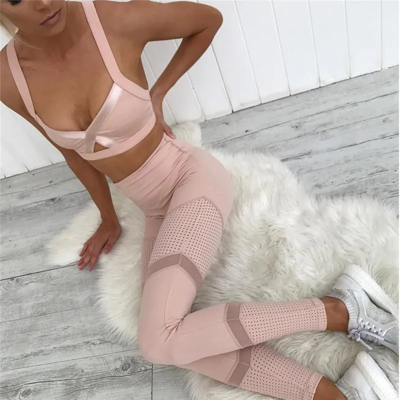 Mesh Patchwork Women Mid Waist Elastic Yoga Sports Legging Pants