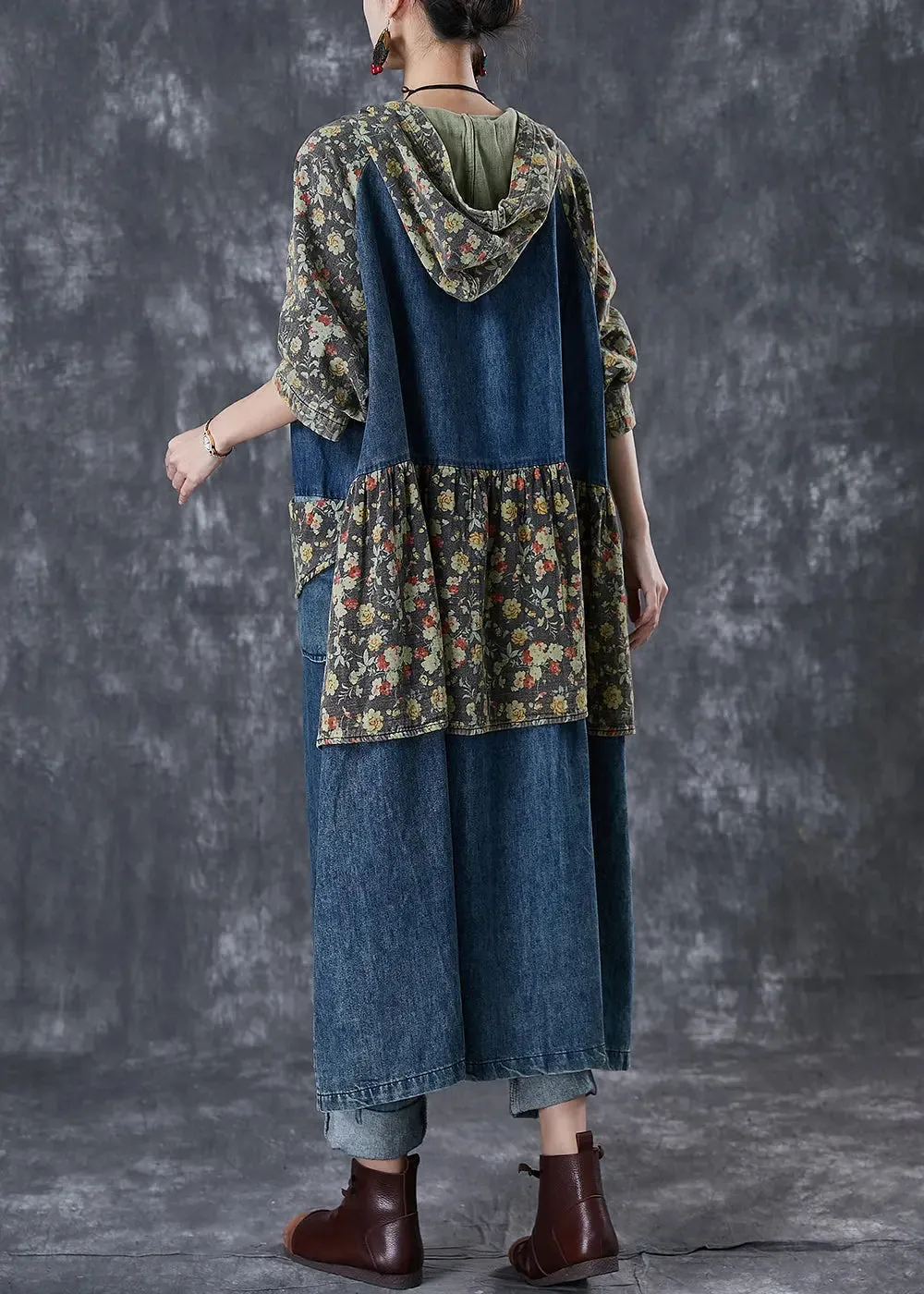 Navy Print Denim Trench Coats