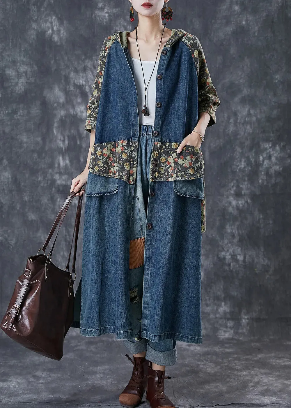 Navy Print Denim Trench Coats