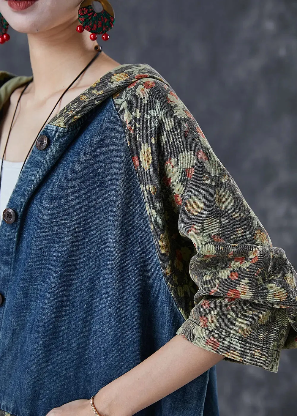 Navy Print Denim Trench Coats