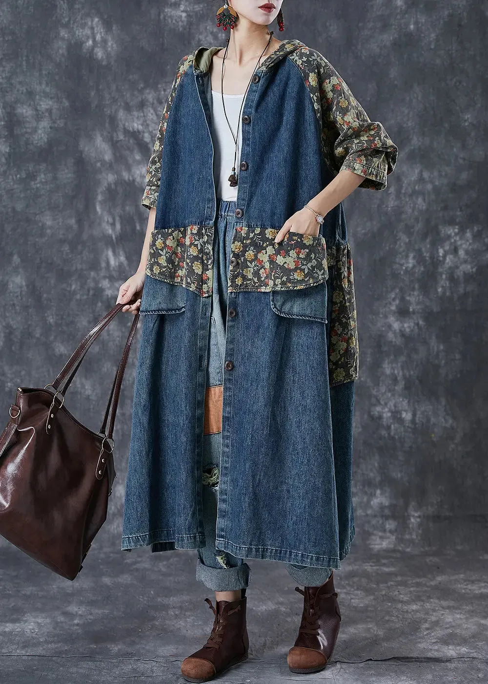 Navy Print Denim Trench Coats