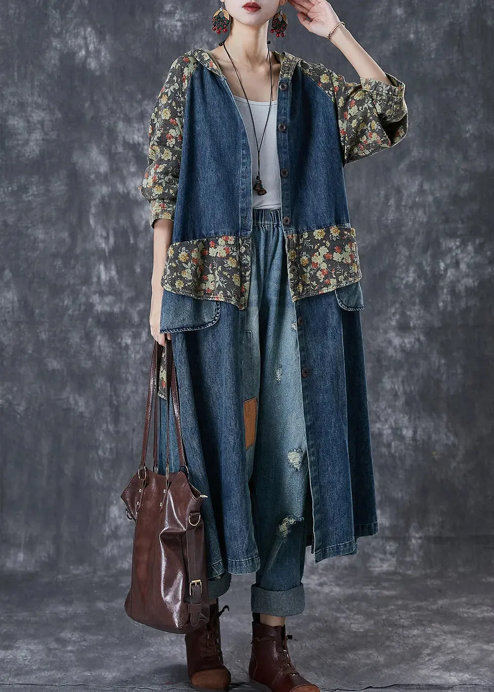 Navy Print Denim Trench Coats