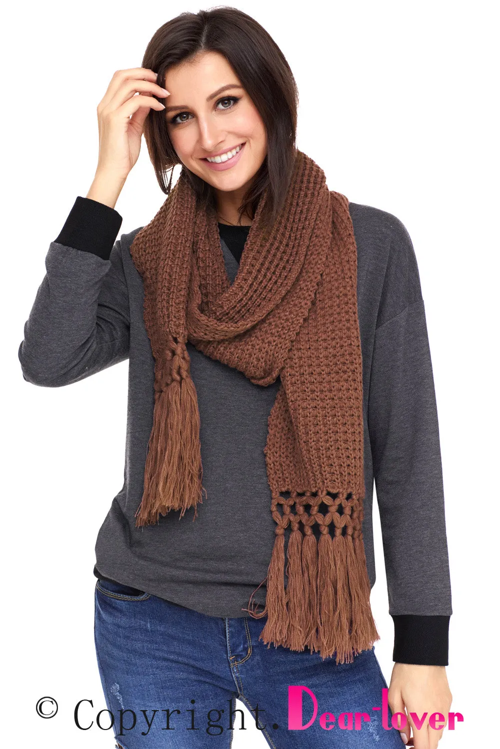 Sexy Brown Cozy Chunky Knit Tassel Scarf