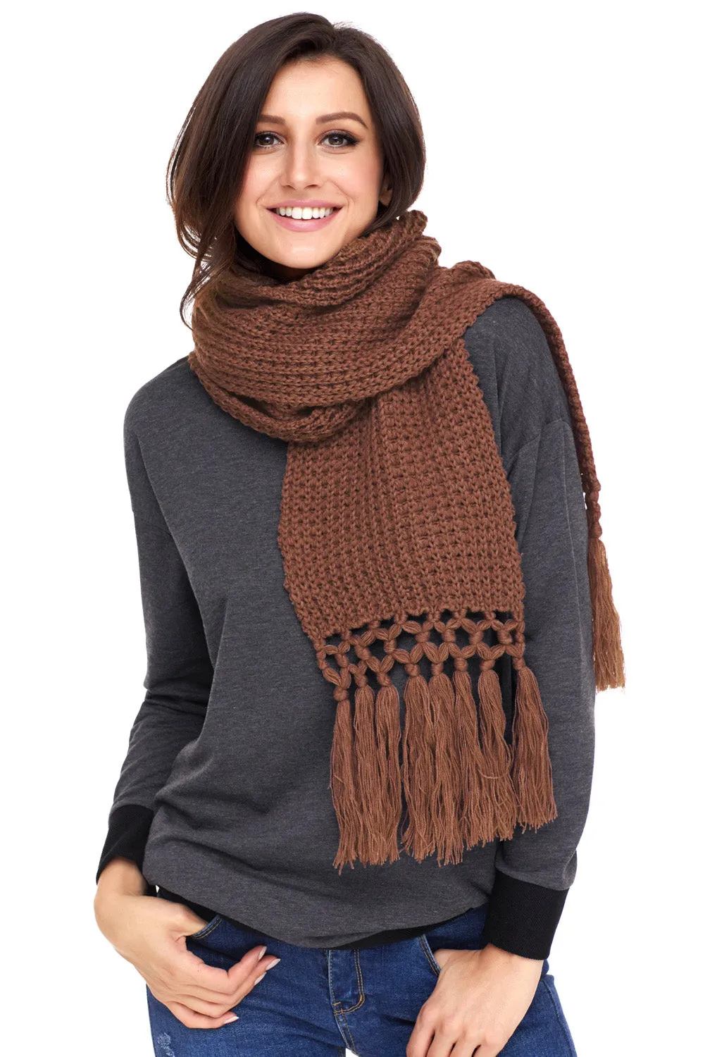 Sexy Brown Cozy Chunky Knit Tassel Scarf