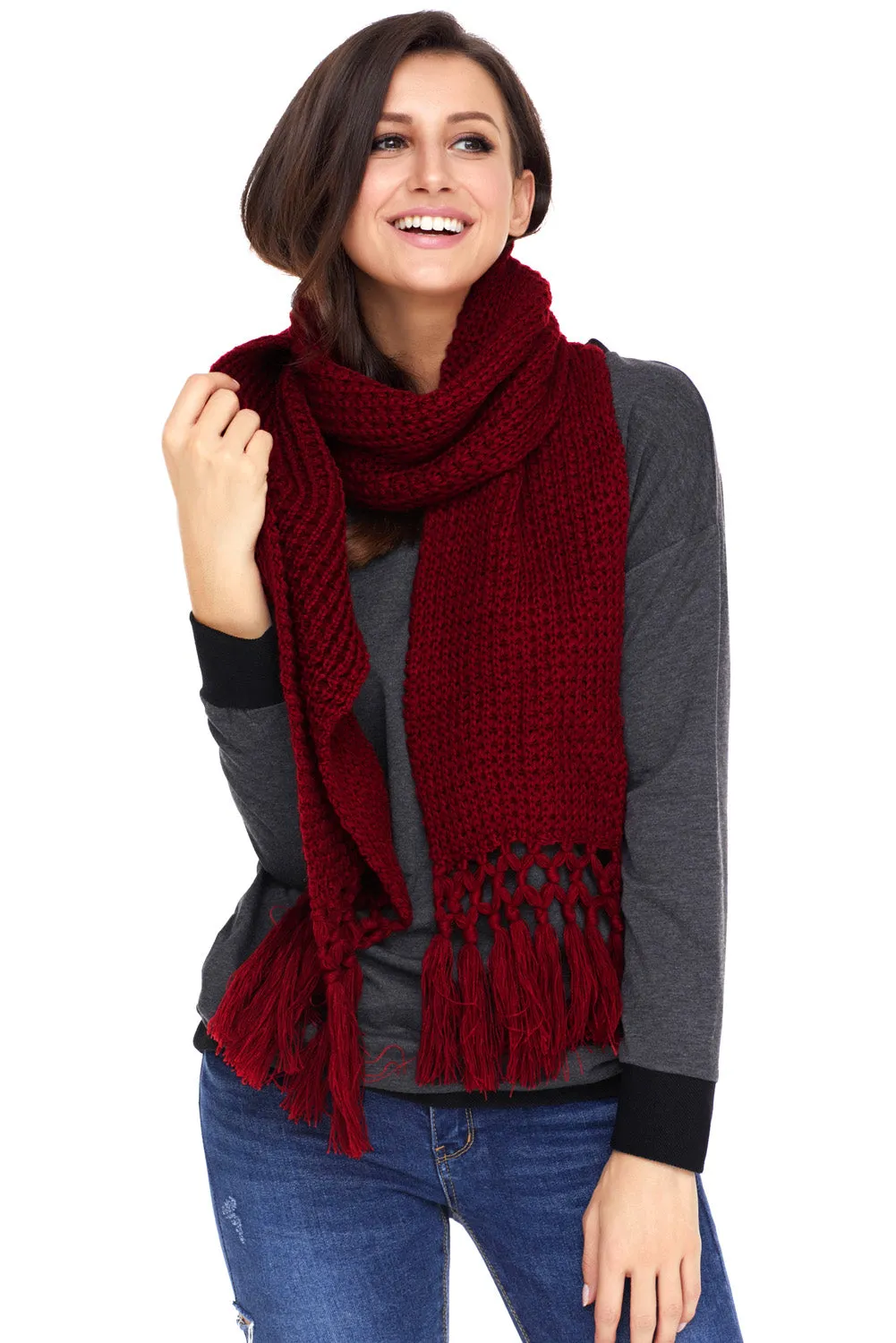Sexy Burgundy Cozy Chunky Knit Tassel Scarf