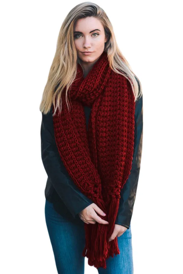 Sexy Burgundy Cozy Chunky Knit Tassel Scarf