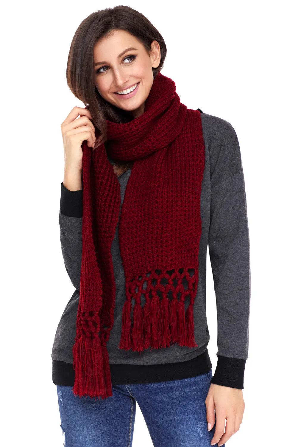 Sexy Burgundy Cozy Chunky Knit Tassel Scarf