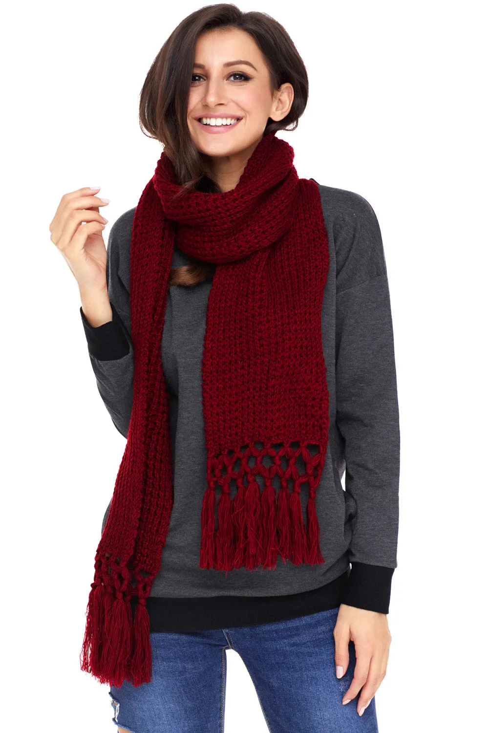 Sexy Burgundy Cozy Chunky Knit Tassel Scarf