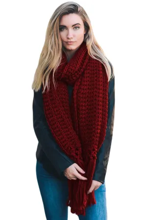 Sexy Burgundy Cozy Chunky Knit Tassel Scarf