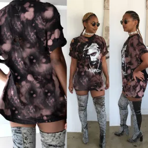 Short Sleeves Cut Out Scoop Print Loose Long T-shirt