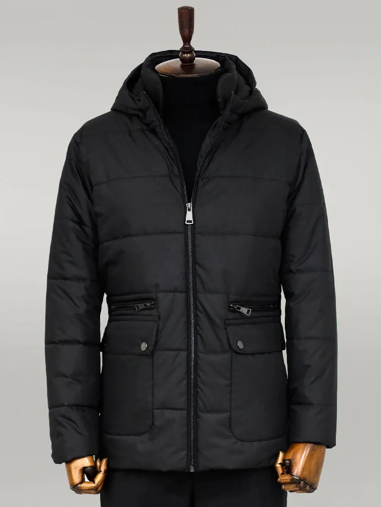 Slim Fit Hooded Black Men Coat - Wessi