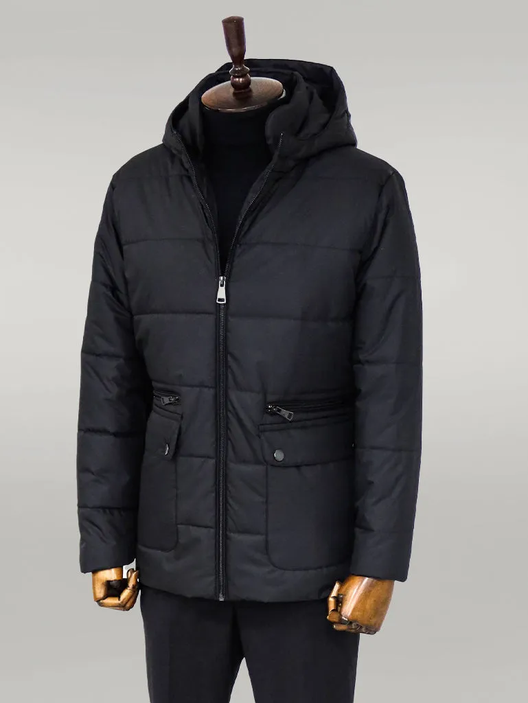 Slim Fit Hooded Black Men Coat - Wessi