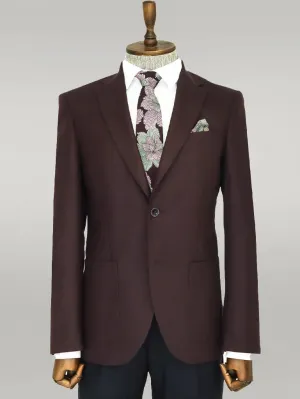 Slim Fit Plain Wide Lapel Burgundy Men Wool Blazer - Wessi