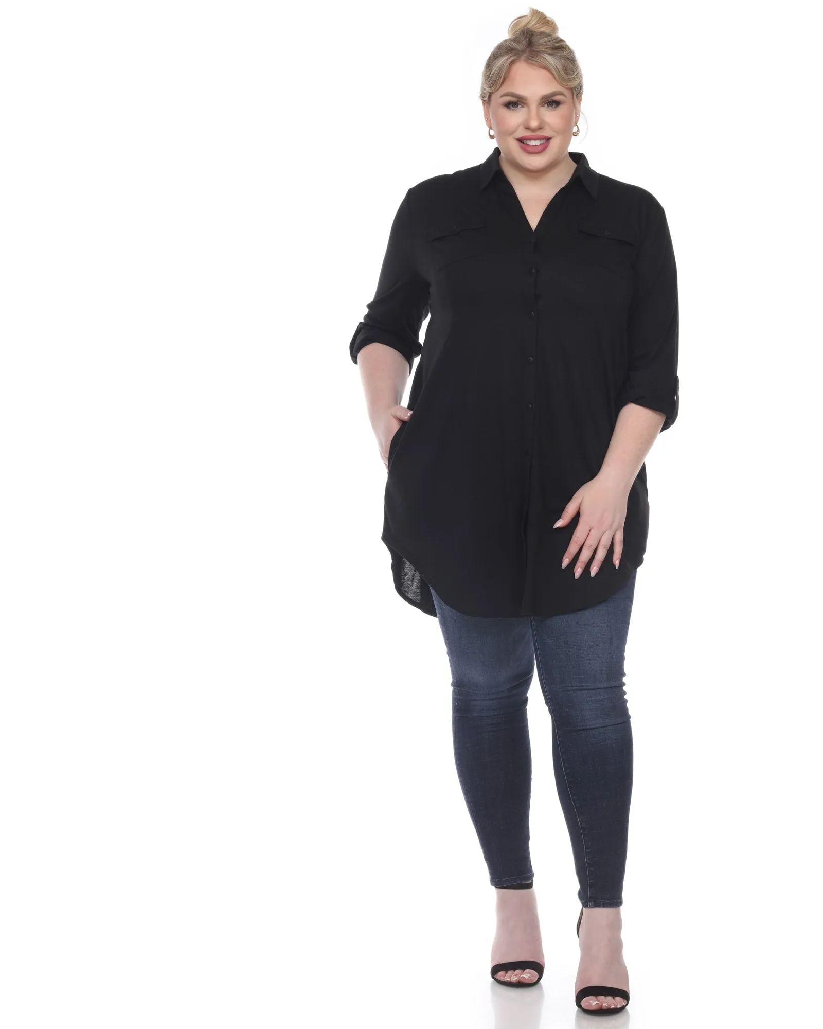 Stretchy Button Down Tunic Top | Black