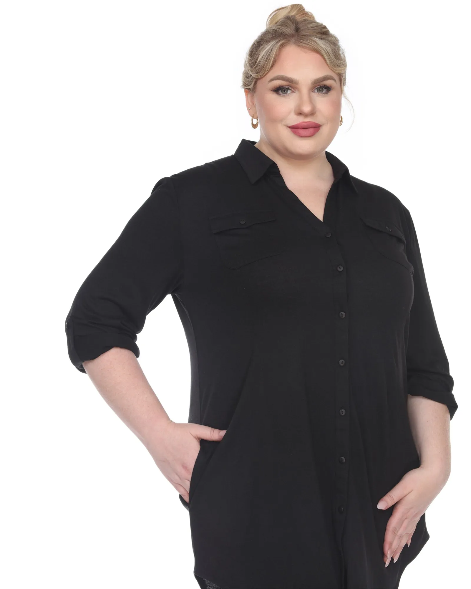 Stretchy Button Down Tunic Top | Black