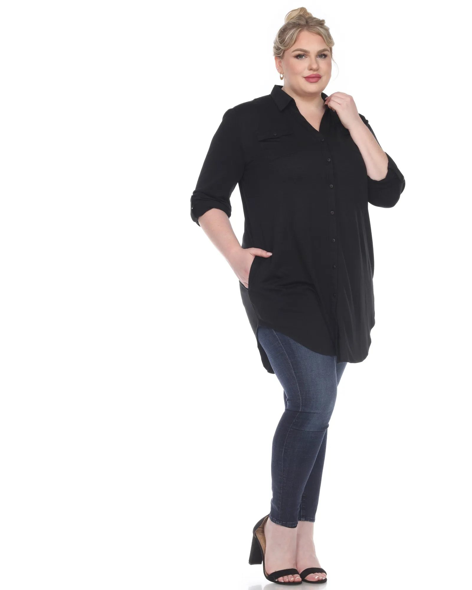 Stretchy Button Down Tunic Top | Black