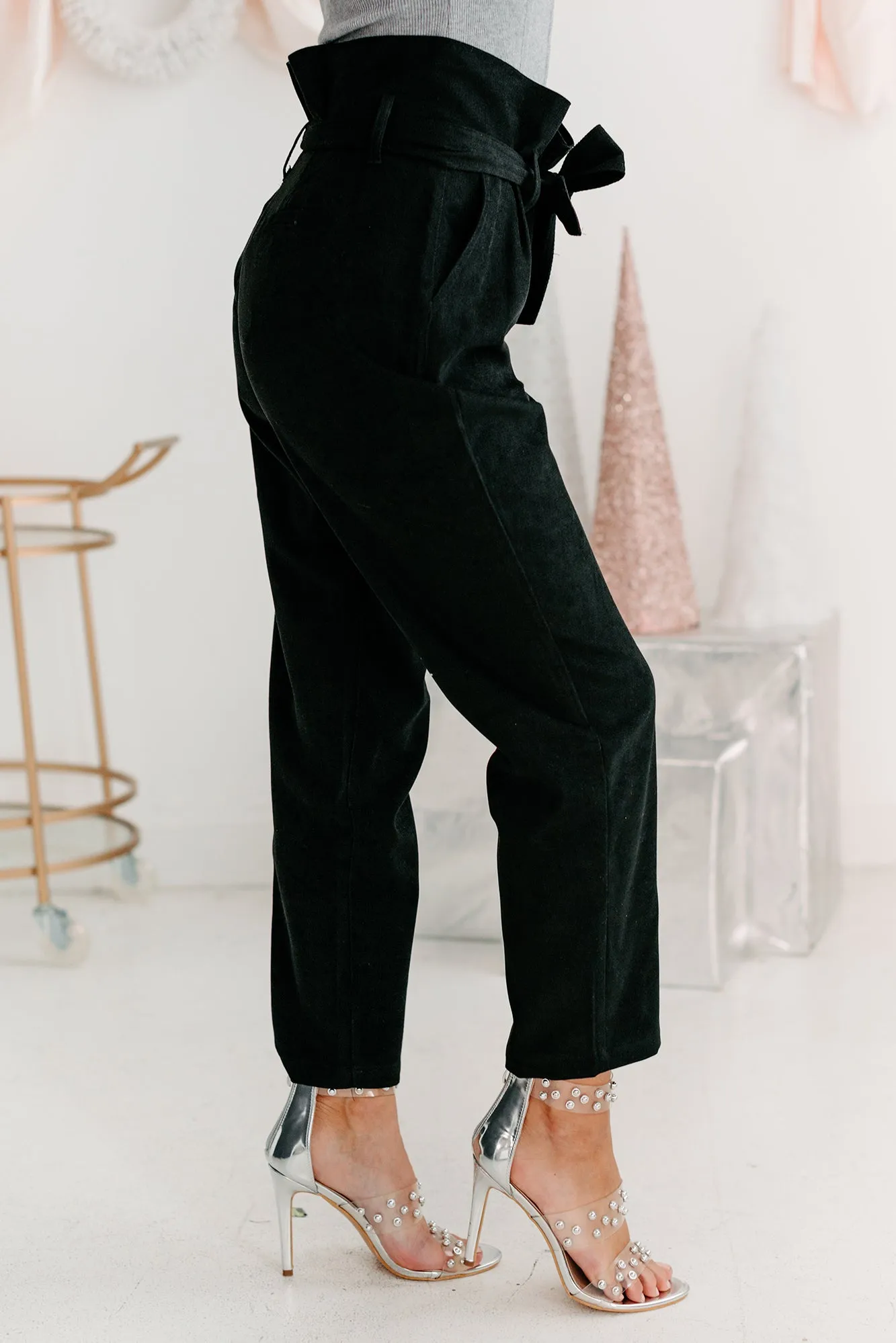 Tied Together Paperbag Waist Faux Suede Pants (Black)