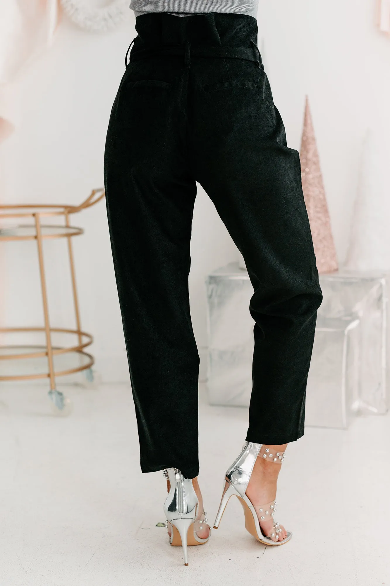 Tied Together Paperbag Waist Faux Suede Pants (Black)