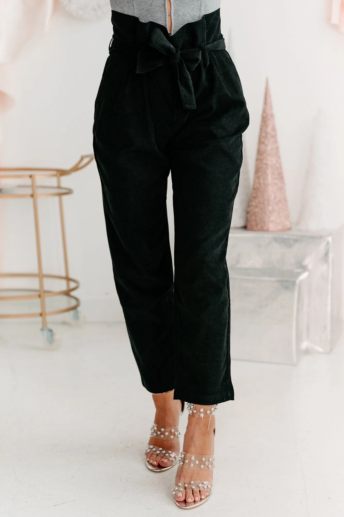 Tied Together Paperbag Waist Faux Suede Pants (Black)
