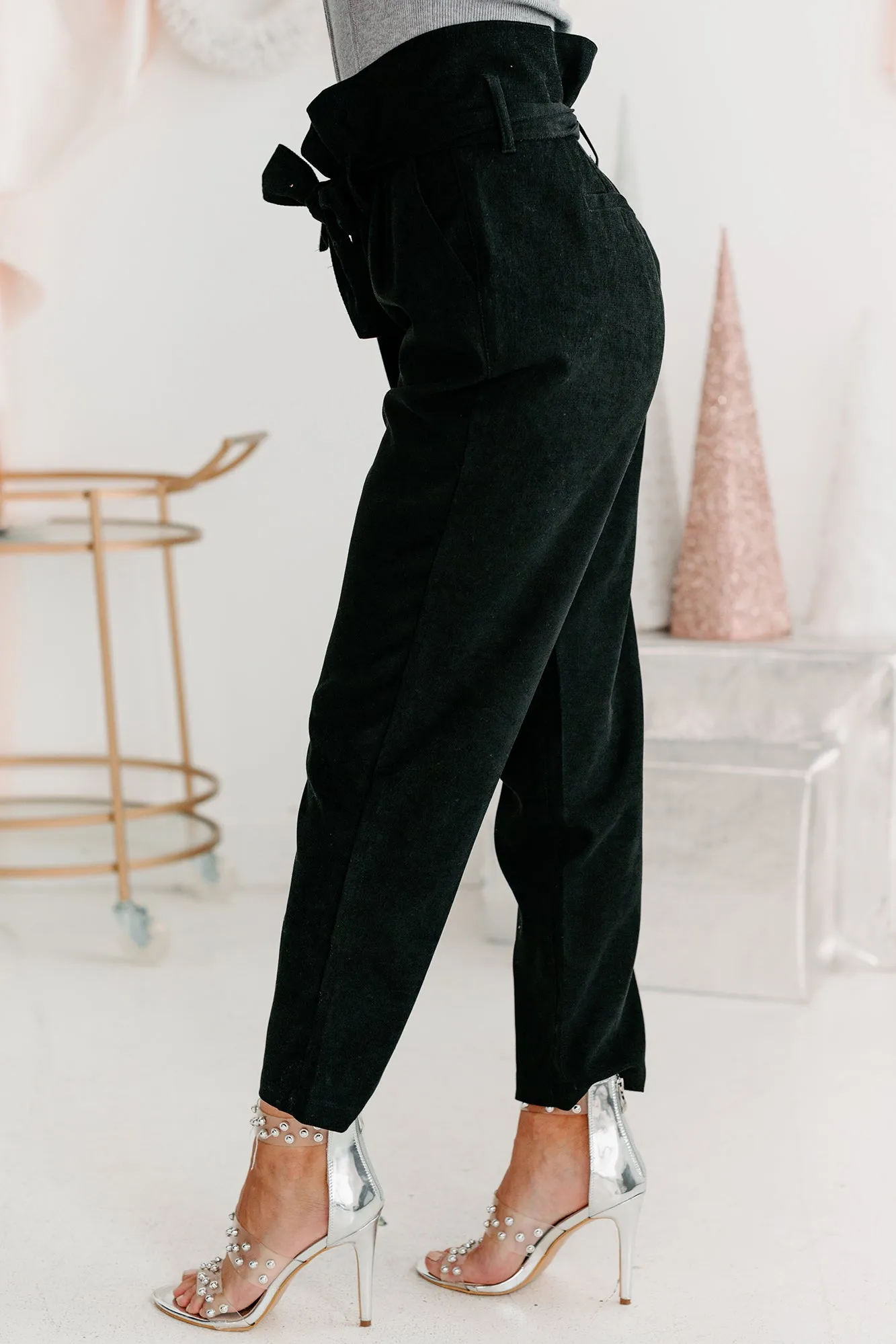 Tied Together Paperbag Waist Faux Suede Pants (Black)