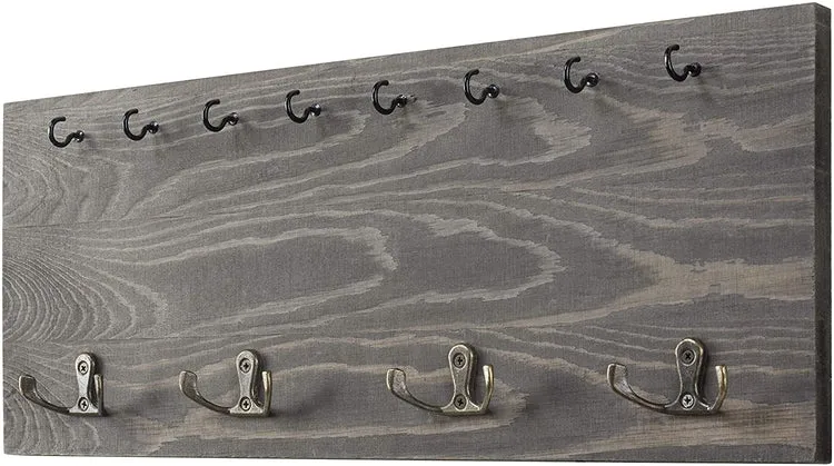 Vintage Grey Wood Wall Mounted Coat Hook & Key Holder Rack