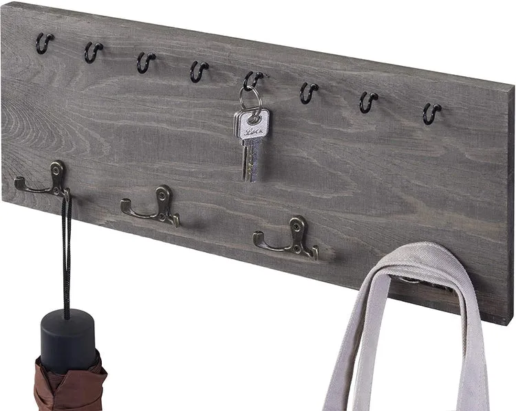 Vintage Grey Wood Wall Mounted Coat Hook & Key Holder Rack