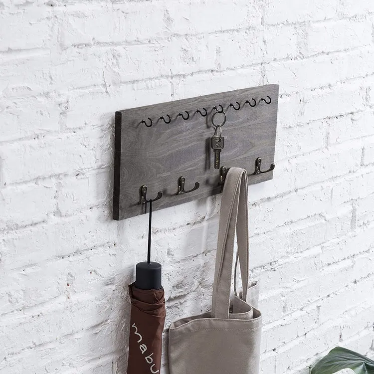 Vintage Grey Wood Wall Mounted Coat Hook & Key Holder Rack