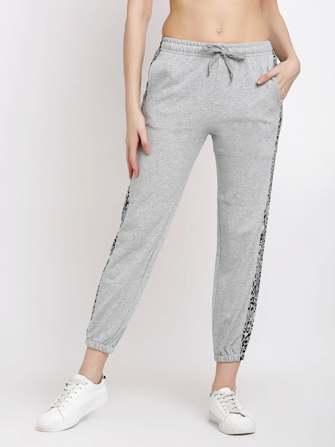 Women Grey Cotton Blend Straight Fit Joggers with Leopard Print