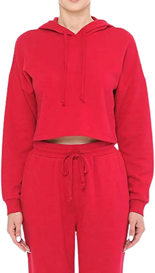 Women's Drawstring Cotton Blend Basic Cropped Fleece Pullover Hoodie